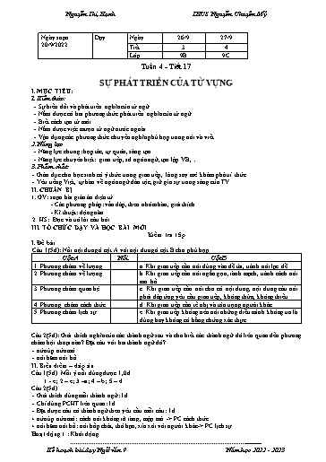 Kế hoạch bài dạy Ngữ văn 9 - Tuần 4 - Tiết 17: Sự phát triển của từ vựng - Năm học 2023-2024 - Nguyễn Thị Hạnh