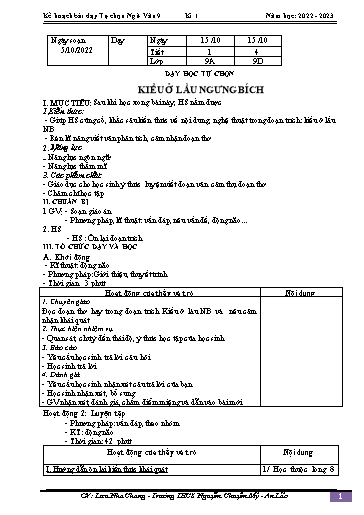 Kế hoạch bài dạy Ngữ văn 9 - Tuần 6 - Bài: Dạy học tự chọn. Văn bản Kiểu ở lầu Ngưng Bích - Năm học 2022-2023 - Lưu Nha Chang