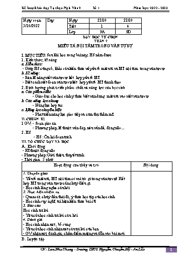 Kế hoạch bài dạy Ngữ văn 9 - Tuần 7 - Bài: Dạy học tự chọn. Miêu tả nội tâm trong văn tự sự - Năm học 2022-2023 - Lưu Nha Chang