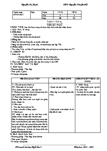 Kế hoạch bài dạy Ngữ văn 9 - Tuần 7 - Tiết 31: Thuật ngữ - Năm học 2022-2023 - Nguyễn Thị Hạnh
