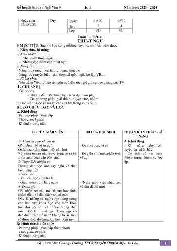 Kế hoạch bài dạy Ngữ văn 9 - Tuần 7 - Tiết 31: Thuật ngữ - Năm học 2023-2024 - Nguyễn Thị Hạnh