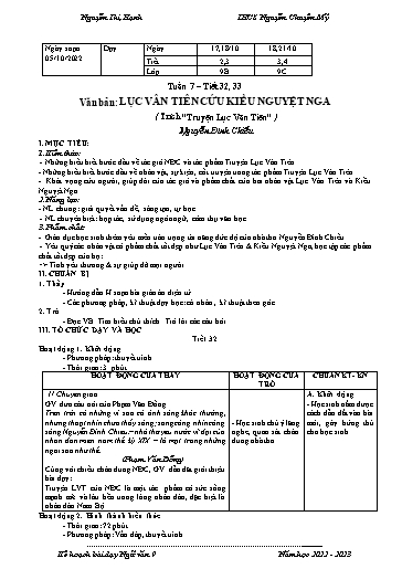 Kế hoạch bài dạy Ngữ văn 9 - Tuần 7 - Tiết 32+33: Văn bản Lục Vân Tiên cứu Kiều Nguyệt Nga - Năm học 2022-2023 - Nguyễn Thị Hạnh