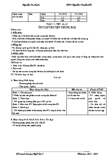 Kế hoạch bài dạy Ngữ văn 9 - Tuần 7 - Tiết 34+35: Ôn tập truyện trung đại - Năm học 2022-2023 - Nguyễn Thị Hạnh
