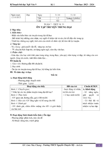 Kế hoạch bài dạy Ngữ văn 9 - Tuần 7 - Tiết 34+35: Ôn tập truyện trung đại - Năm học 2023-2024 - Nguyễn Thị H