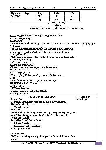 Kế hoạch bài dạy Ngữ văn 9 - Tuần 8 - Bài: Dạy học tự chọn. Môt số biện pháp tu từ trong các đoạn văn - Năm học 2022-2023 - Lưu Nha Chang
