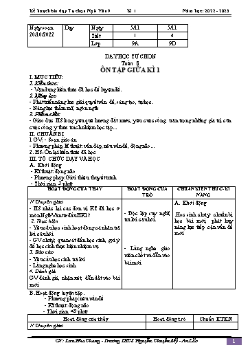 Kế hoạch bài dạy Ngữ văn 9 - Tuần 8 - Bài: Dạy học tự chọn. Ôn tập giữa học 1 - Năm học 2022-2023 - Lưu Nha Chang