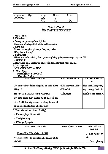 Kế hoạch bài dạy Ngữ văn 9 - Tuần 9 - Bài: Ôn tập tiếng việt - Năm học 2022-2023 - Lưu Nha Chang