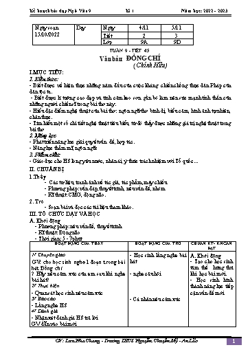 Kế hoạch bài dạy Ngữ văn 9 - Tuần 9 - Tiết 45: Văn bản Đồng chí - Năm học 2022-2023 - Lưu Nha Chang