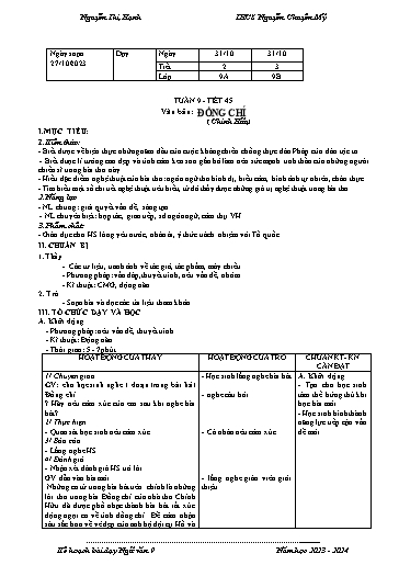 Kế hoạch bài dạy Ngữ văn 9 - Tuần 9 - Tiết 45: Văn bản Đồng chí - Năm học 2023-2024 - Nguyễn Thị Hạnh