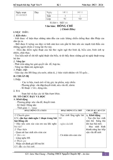Kế hoạch bài dạy Ngữ văn 9 - Tuần 9 - Tiết 45: Văn bản Đồng chí - Năm học 2023-2024 - Lưu Nha Chang