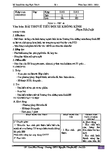 Kế hoạch bài dạy Ngữ văn 9 - Tuần 9 - Tiết 49: Văn bản Bài thơ về tiểu đội xe không kính - Năm học 2022-2023 - Lưu Nha Chang