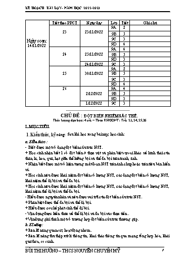Kế hoạch bài dạy sinh học 9 - Tiết 23-26 - Chủ đề: Đột biến nhiễm sắc thể - Năm học 2022-2023 - Bùi Thị Hương