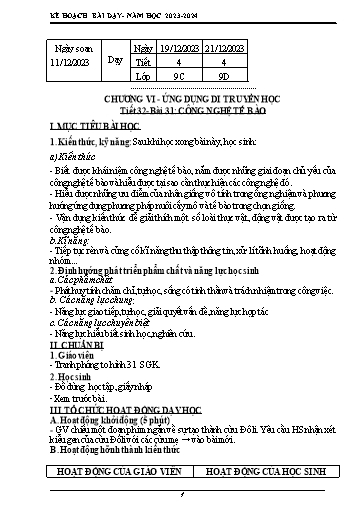 Kế hoạch bài dạy Sinh học 9 - Tiết 32 - Bài 31: Công nghệ tế bào - Năm học 2023-2024 - Trường THCS Nguyễn Chuyên Mỹ