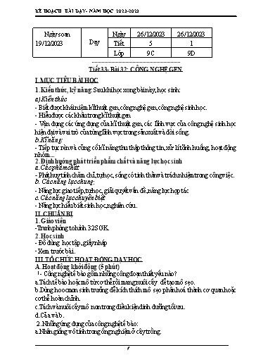 Kế hoạch bài dạy sinh học 9 - Tiết 33 - Bài 32: Công nghệ gen - Năm học 2023-2024 - Bùi Thị Hương