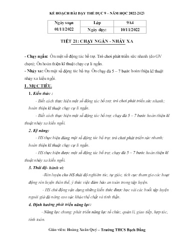 Kế hoạch bài dạy Thể dục 9 - Tiết 21: Chạy ngắn - Nhảy xa - Năm học 2022-2023 - Nguyễn Thu Trang