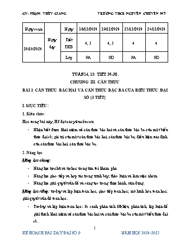 Kế hoạch bài dạy Toán 9 (Cánh diều) - Chương 3 - Bài 3: Căn thức bậc hai và căn thức bậc ba của biểu thức đại số - Năm học 2024-2025 - Phạm Thùy Giang