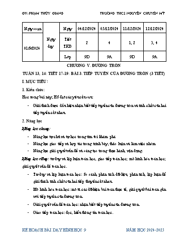 Kế hoạch bài dạy Toán 9 (Cánh diều) - Chương 5 - Bài 3: Tiếp tuyến của đường tròn - Năm học 2024-2025 - Phạm Thùy Giang