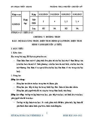 Kế hoạch bài dạy Toán 9 (Cánh diều) - Chương 5 - Bài 5: Độ dài cung tròn, diện tích hình quạt hình tròn, diện tích hình vành khuyên - Năm học 2024-2025 - Phạm Thùy Giang