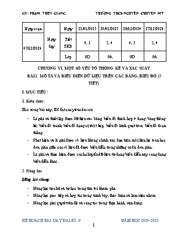 Kế hoạch bài dạy Toán 9 (Cánh diều) - Chương 6 - Bài 1: Mô tả và biêu diễn dữ liệu trên các bảng, biểu đồ - Năm học 2024-2025 - Phạm Thúy Giang