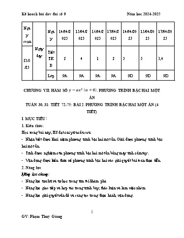 Kế hoạch bài dạy Toán 9 (Cánh diều) - Chương 7 - Bài 2: Phương trình bậc hai một ẩn - Năm học 2024-2025 - Phạm Thùy Giang