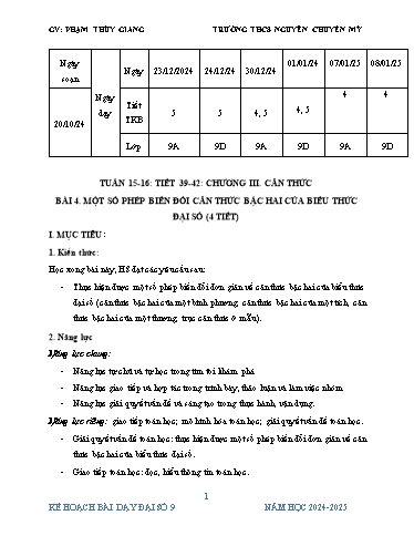 Kế hoạch bài dạy Toán 9 (Cánh diều) - Tuần 15+16 - Bài 4: Một số phép biến đổi căn thức bậc hai của biểu thức - Năm học 2024-2025 - Phạm Thùy Giang