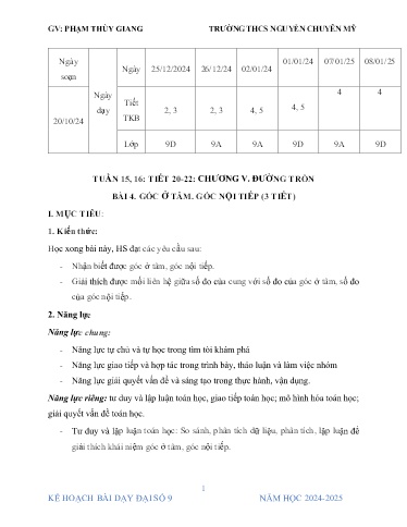Kế hoạch bài dạy Toán 9 (Cánh diều) - Tuần 15+16 - Chương 4 - Bài 4: Gốc ở tâm, góc nội tiếp - Năm học 2024-2025 - Phạm Thùy Giang