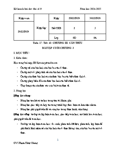 Kế hoạch bài dạy Toán 9 (Cánh diễu) - Tuần 17 - Tiết 43: Bài tập cuối chương 3 - Năm học 2024-2025 - Phạm Thùy Giang