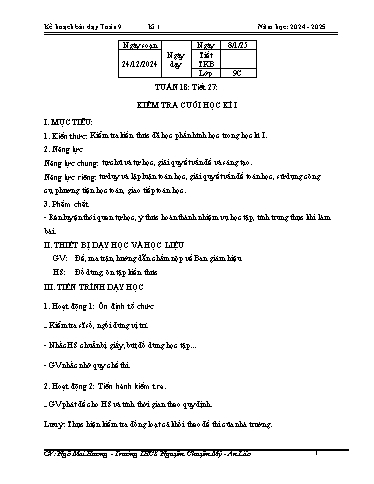Kế hoạch bài dạy Toán 9 (Cánh diều) - Tuần 18 - Bài: Kiểm tra cuối học kì 1 - Năm học 2024-2025 - Ngô Mai Hương