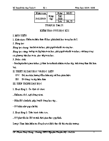 Kế hoạch bài dạy Toán 9 (Cánh diều) - Tuần 18 - Bài: Kiểm tra cuối học kì 1 - Năm học 2024-2025 - Phạm Thùy Giang