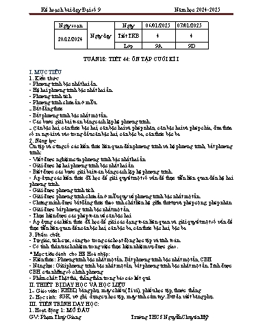 Kế hoạch bài dạy Toán 9 (Cánh diều) - Tuần 18 - Tiết 44: Ôn tập cuối kì 1 - Năm học 2024-2025 - Phạm Thùy Giang