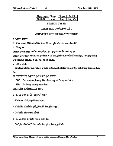 Kế hoạch bài dạy Toán 9 (Cánh diễu) - Tuần 18 - Tiết 45: Kiểm tra cuối học kì 1 - Năm học 2024-2025 - Phạm Thùy Giang