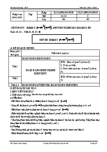 Kế hoạch bài dạy Toán 9 - Chương 4 - Bài: Chủ đề Hàm số y = ax² (a≠0) - Năm 2022-2023 - Trường THCS Nguyễn Chuyên Mỹ