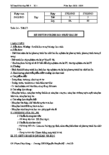 Kế hoạch bài dạy Toán 9 - Tuần 14 - Bài: Hệ phương trình bậc nhất hai ẩn - Năm học 2023-2024 - Phạm Thùy Giang