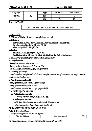 Kế hoạch bài dạy Toán 9 - Tuần 14 - Tiết 28: Giải hệ phương trình bằng phương pháp thế - Năm học 2023-2024 - Phạm Thùy Giang