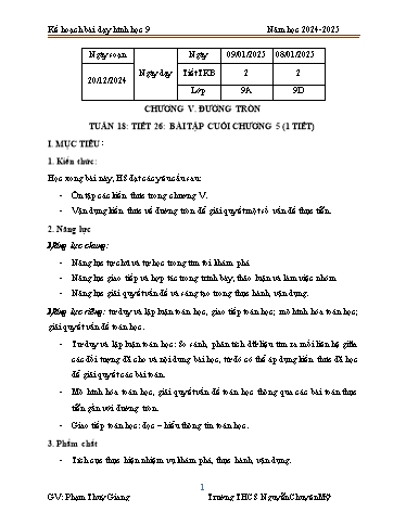 Kế hoạch bài dạy Toán 9 - Tuần 18 - Tiết 26: Bài tập cuối chương 5 - Phạm Thùy Giang