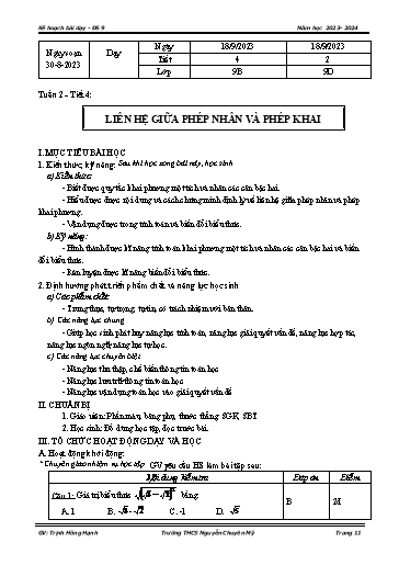 Kế hoạch bài dạy Toán 9 - Tuần 2 - Tiết 4: Liên hệ giữa phép chia và phép khai phương - Năm 2023-2024 - Trịnh Hồng Hạnh Trường THCS Nguyễn Chuyên Mỹ