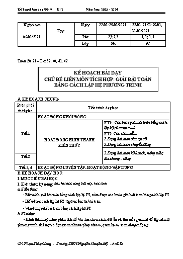 Kế hoạch bài dạy Toán 9 - Tuần 20+21 - Chủ đề: Liên môn tích hợp Giải bài toán bằng cách hệ phương trình - Năm học 2023-2024 - Phạm Thùy Giang