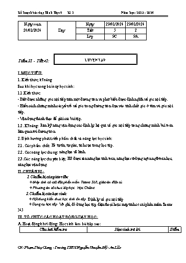 Kế hoạch bài dạy Toán 9 - Tuần 21 - Tiết 41: Luyện tập - Năm học 2023-2024 - Phạm Thùy Giang