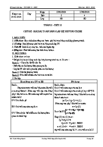 Kế hoạch bài dạy Toán 9 - Tuần 22 - Tiết 22: Giải bài toán bằng lập hệ phương trình - Năm học 2023-2024 - Trịnh Hồng Hạnh