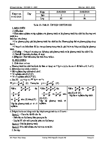 Kế hoạch bài dạy Toán 9 - Tuần 23 - Tiết 23: Ôn tập chương 3 - Năm học 2023-2024 - Phạm Thùy Giang