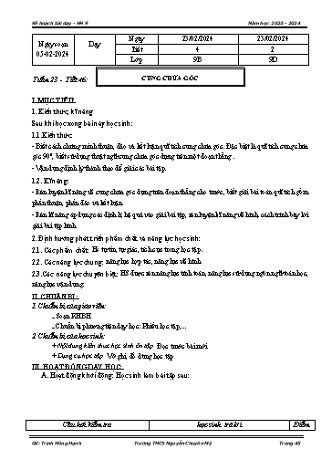 Kế hoạch bài dạy Toán 9 - Tuần 23 - Tiết 46: Cung chứa góc - Năm học 2023-2024 - Trịnh Hồng Hạnh