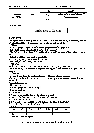 Kế hoạch bài dạy Toán 9 - Tuần 27 - Tiết 54: Kiểm tra giữa học kì 2 - Năm học 2023-2024 - Phạm Thùy Giang