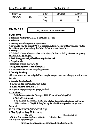 Kế hoạch bài dạy Toán 9 - Tuần 29 - Tiết 57: Hệ thức vi-ét và ứng dụng - Năm học 2023-2024 - Phạm Thùy Giang
