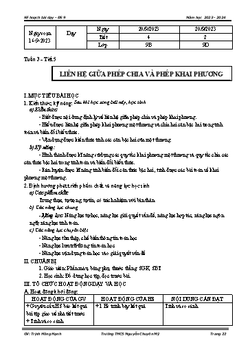 Kế hoạch bài dạy Toán 9 - Tuần 3 - Tiết 5: Liên hệ giữa phép chia và phép khai phương - Năm 2023-2024 - Trịnh Hồng Hạnh