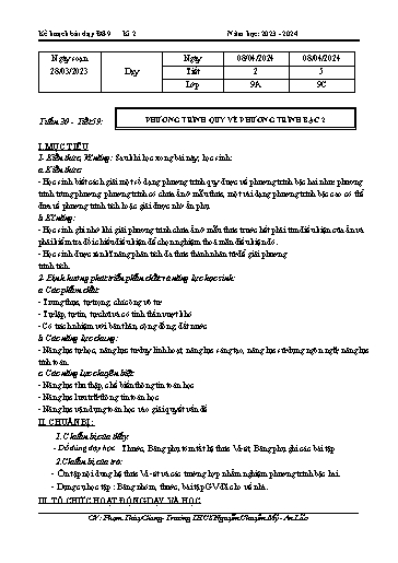 Kế hoạch bài dạy Toán 9 - Tuần 30 - Tiết 59: Phương trình quy về phương trình bậc 2 - Năm học 2023-2024 - Phạm Thùy Giang