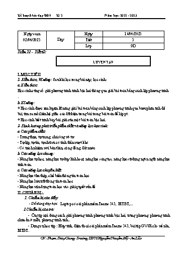 Kế hoạch bài dạy Toán 9 - Tuần 32 - Tiết 63: Luyện tập - Năm học 2022-2023 - Phạm Thùy Giang