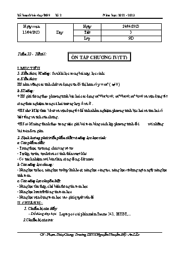 Kế hoạch bài dạy Toán 9 - Tuần 33 - Tiết 65: Ôn tập chương 4 - Năm học 2022-2023 - Phạm Thùy Giang