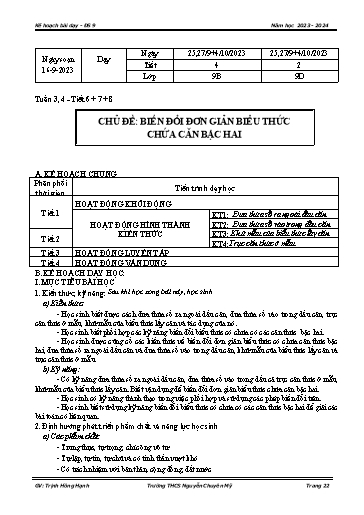 Kế hoạch bài dạy Toán 9 - Tuần 3+4 - Chủ đề: Biến đổi đơn giản biểu thức - Năm 2023-2024 - Trịnh Hồng Hạnh