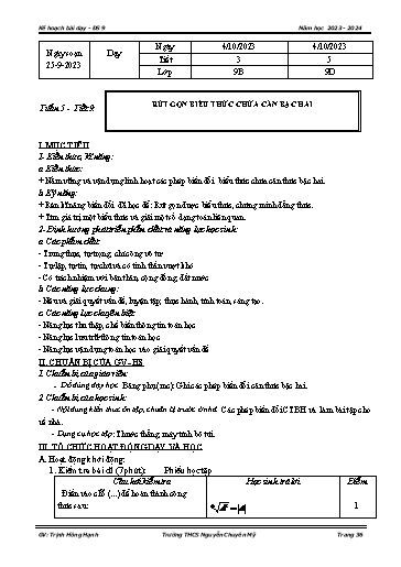Kế hoạch bài dạy Toán 9 - Tuần 5 - Tiết 9: Rút gọn biểu thức căn bậc hai - Năm 2023-2024 - Trường THCS Nguyễn Chuyên Mỹ