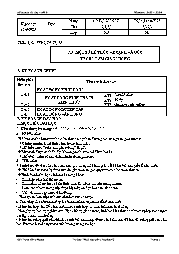 Kế hoạch bài dạy Toán 9 - Tuần 5+6 - Chủ đề: Một số hệ thức về cạnh và góc trong tam giác vuông - Năm học 2023-2024 - Trịnh Hồng Hạnh